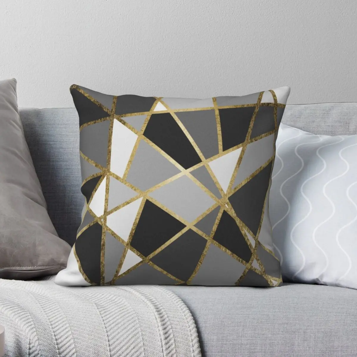 

Black Gray Modern Geo Gold Triangles Square Pillowcase Polyester Linen Velvet Zip Decorative Pillow Case Bed Cushion Case