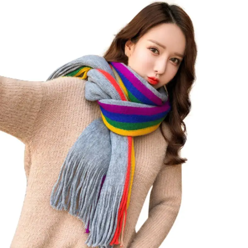 Для женщин зима в радужную полоску толстый шарф теплые кашемировые джинсы с бахромой; корейский стиль; милые шаль шарф мм