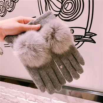 New Women Winter Fox Fur Ball Accessories Keep Warm Touch Screen Thicken Plus Cashmere Luxury Style Cycling Elegant Gloves 1