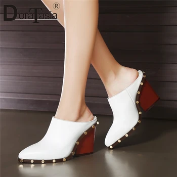 

DORATASIA Brand New women's Genuine Leather Mules Rivet Pointed Toe Ladies Shoes Woman Casual Party Office Summer Autumn Pumps