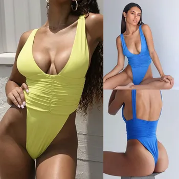 

2020 Fashion Bathing Suit Solid Color Jumpsuit Fold Hight Waist Biquini Deep-V Split Underwear Set Padded Lengerie Traje de baño