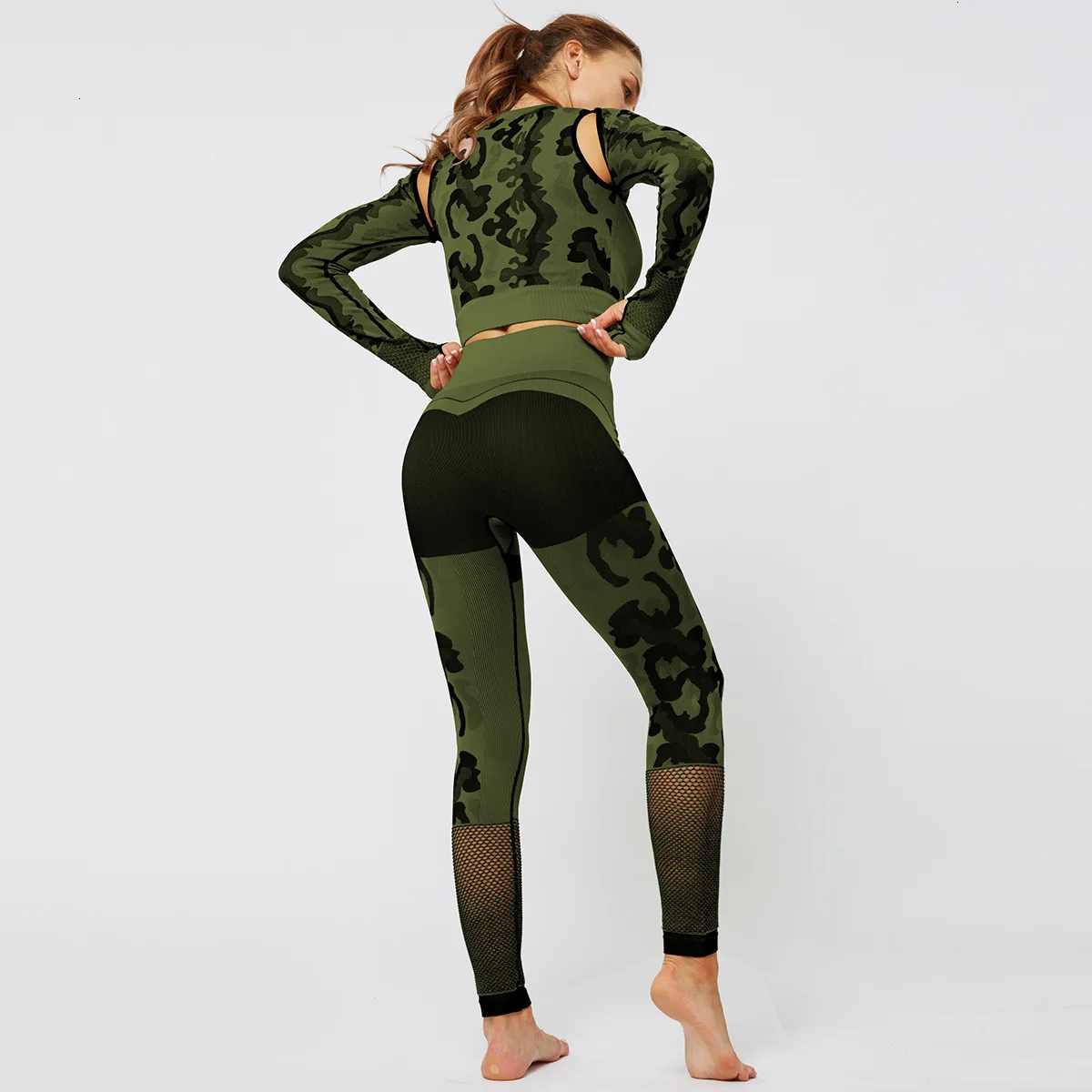 NCLAGEN камуфляж выдалбливают Йога обслуживание костюм женщина бодибилдинг бесшовные движения с длинным рукавом цветочным принтом фитнес набор - Цвет: set green