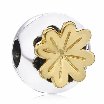 

New 925 Sterling Silver Bead Charm Gold Color Shining Clover Stopper Clip Beads Fit Bracelet Bangle Diy Jewelry