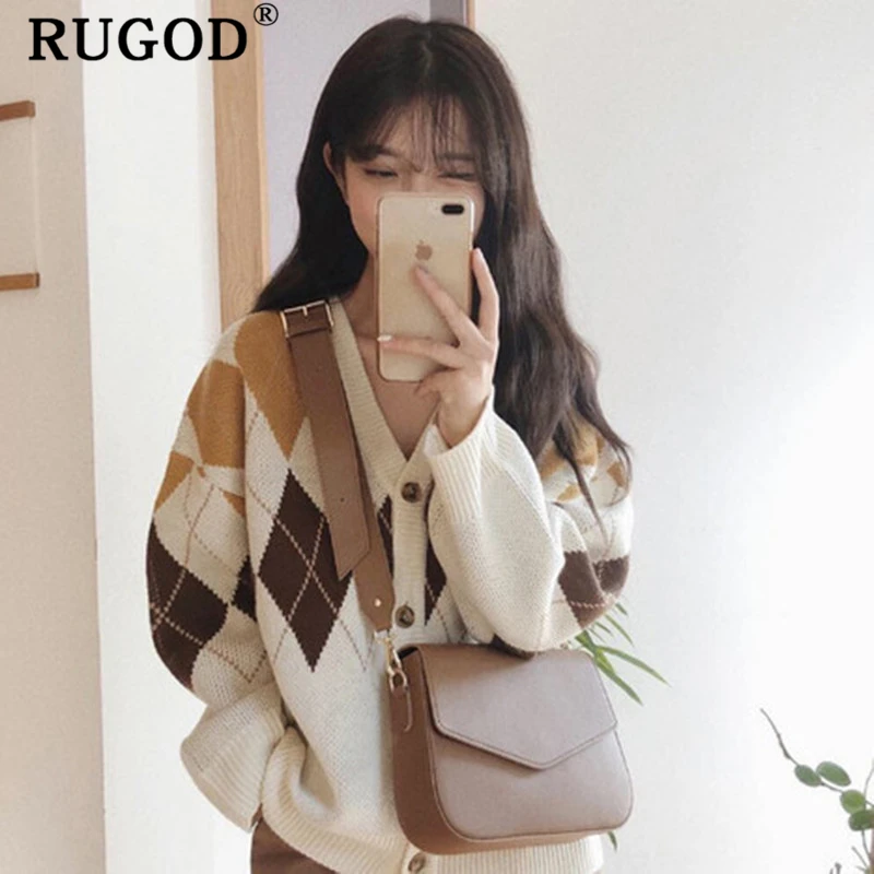 RUGOD вязаный кардиган женский корейский шикарный однобортный с длинным рукавом свободный свитер пальто Повседневный с принтом негабаритный кардиган