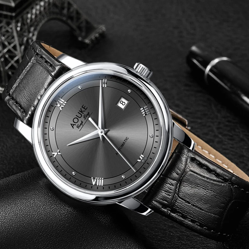  AOUKE men watch automatic self wind watches mechanical luxury wristwatches leather band reloj class