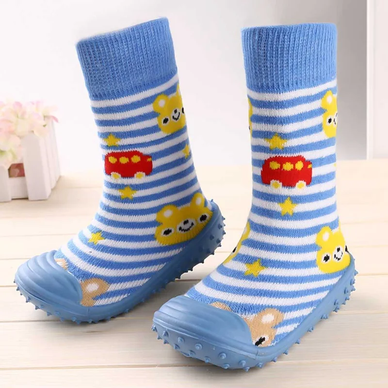 Носки для новорожденных мальчиков и девочек с противоскользящей мягкой резиновой подошвой, носки для улицы, детские носки-тапочки с рисунками животных