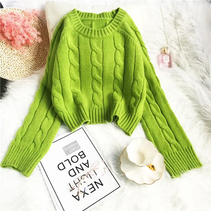

Thickened avocado green sweater women's autumn and winter new Korean twist Pullover Sweater Top plus size long sleeve