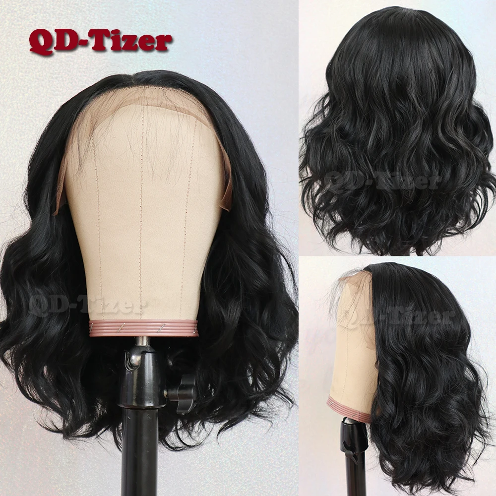 # 1B QD-Tizer 13*4 короткие волнистые волосы оранжевый цвет часть парики шнурка с волосами младенца бесклеевые синтетические передние парики шнурка для женщин - Цвет: # 1B
