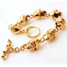 Золотой тон из нержавеющей стали дизайн Мужской панк браслет с черепами мужской модный браслет из нержавеющей стали ювелирные изделия