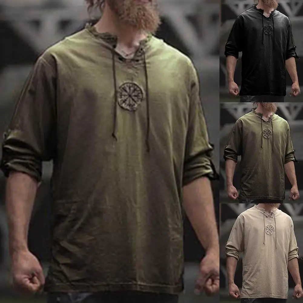 Men Plus Size Shirt Top Ancient Viking Embroidery Lace Up V Neck Long Sleeve Shirt Top For Men's Clothing 1