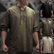 Camisa de talla grande para hombre, Top bordado vikingo antiguo con encaje y cuello en V, camiseta de manga larga para hombre