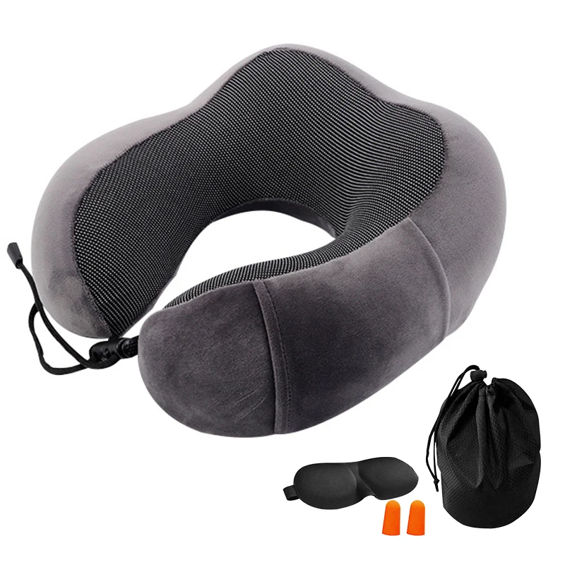 Для путешествий u-образная Подушка с эффектом памяти Набор для путешествий массажные подушки для шеи постельное белье самолет с 3D маски для глаз беруши роскошная сумка - Цвет: Dark Grey1