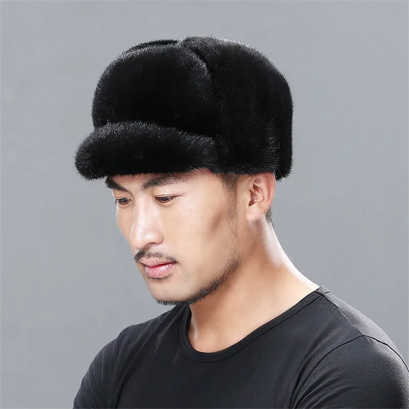 Winter Fur Warm Windproof Hat Men's Lei Feng Cap Bomber Jacket Mink Fur Earmuffs Hat Black Ski Cavalry Catcher Cold And Snow Cap