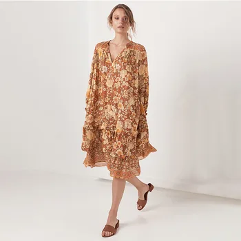 

2020 Summer Bohemian Printed Party Midi Dress Women Plus Size Loose Vintage Long Sleeve Kaftan Robe Pleated Tunic Femme Vestido