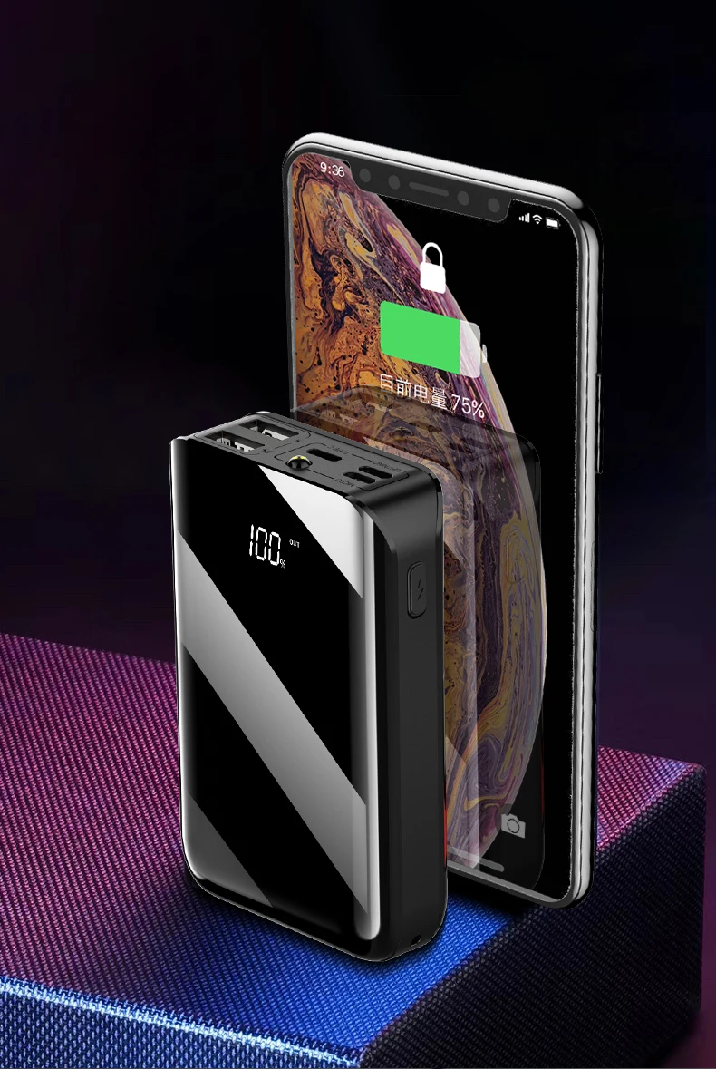 Полный экран мини банк питания 10000mah водонепроницаемый для Xiaomi Iphone все телефон внешний аккумулятор с двумя usb-портами QI 3,0