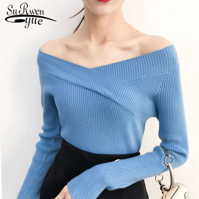 

Knitted Sweater Off Shoulder Long Sleeve Women Sweaters Computer Knitted Solid 2019 Fashion Women Sexy Women Tops 5285 50