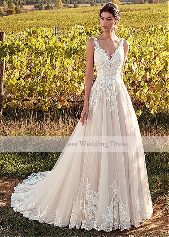 Wedding Dresses Classic V-Neck Sleeveless Lace Appliques A-line Floor Length Back Lace Up