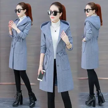

Korean Style Women Autumn Outerwear Winter Fashion Hooded Coat Women Long-sleeved Casual Medium Long Coat feminino