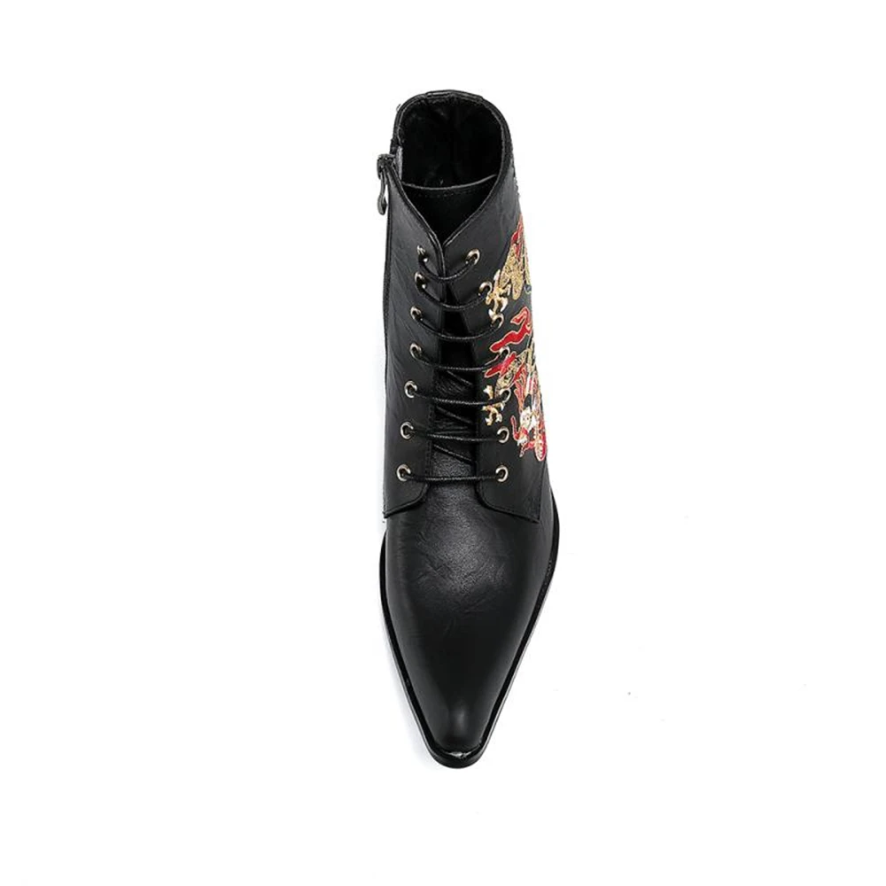 Men Genuine Leather Ankle Boots Luxury Embroidery Serpentine Pointed Toe Designer Botas for Man Zipper Short Chelsea Boots