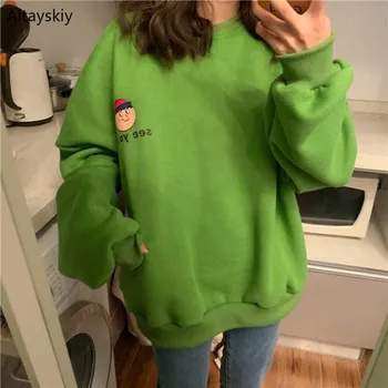 

Sweatshirts Women Autumn Winter Plus Velvet Korean Style Trendy Loose Harajuku Cartoon Printed Womens Clothing Female Kawaii