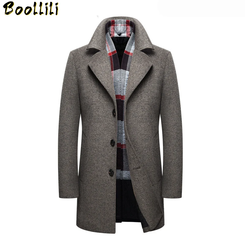 YUNY Men Woolen Classic Plaid Outwear Jacket Lapel Button Long Trench Coat Grey S