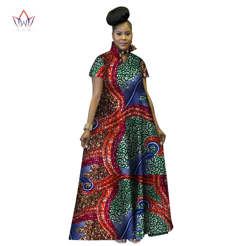 Модное Длинное бальное платье с принтом, платья Базен Риш, Африканское платье со стоячим воротником для женщин, традиционная африканская одежда WY2802