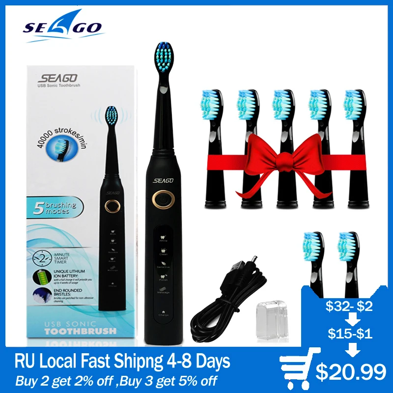 Звуковая электрическая зубная щетка, SG 507 для взрослых с таймером, отбеливающая щетка, 5 режимов, перезаряжаемая USB сменные головки зубных щеток, подарок|Электрические зубные щетки|   | АлиЭкспресс