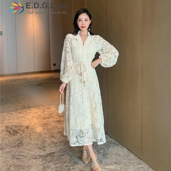 

EDGLuLu Blue Hollow Out Lantern Sleeves Lace-up Embroidered Lace Long Dress Runway Designer Women Luxury Dresses 2020 0908