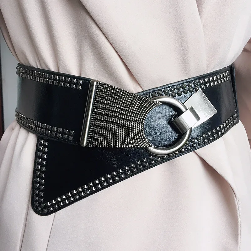 

female women Ladies slanting wide waist seals black fashion rivets punk wind wide belt dress shirt decorative waistband seals
