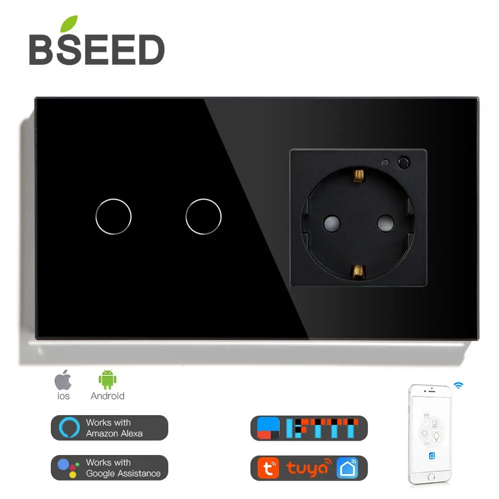 BSEED Smart Wifi сенсорный выключатель 2 банды стандарт ЕС работает с Tuya 16A розетка