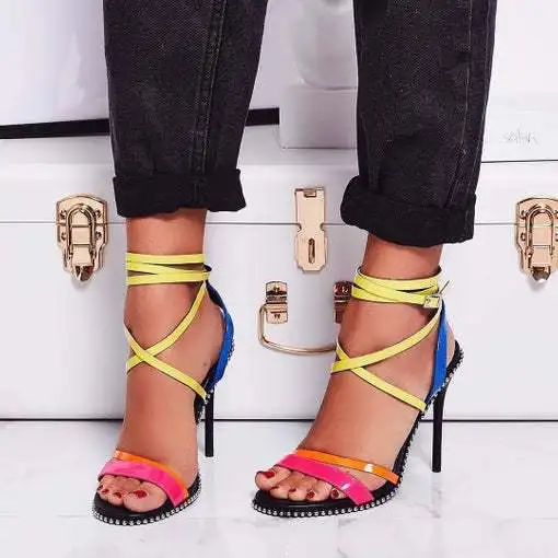 

Summer Casual Buckle Strap Women Sandals Open Toe Ankle Strap High Shoes Thin Heels Mixed Colors Ladies Sandals