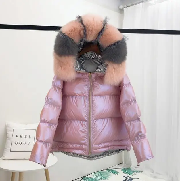 pink Натуральный Лисий меховой воротник зимний пуховик женский свободный Жакет женский двухсторонний с капюшоном водонепроницаемый пуховик верхняя одежда - Цвет: pink