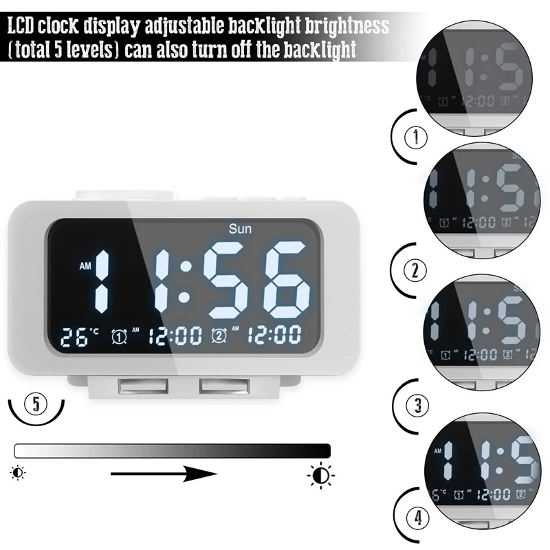 Alarm Clock Radio- FM Radio, Dual USB Port for Charging, Temperature Display, Dual Alarms, 5 Level Brightness Dimmer, Adjustabl