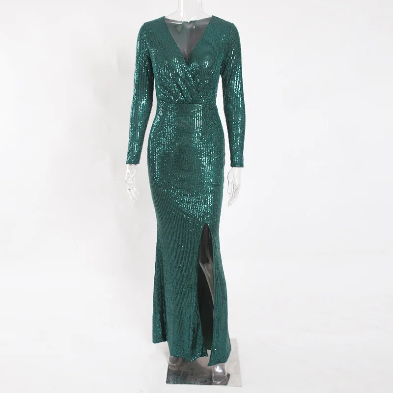 Зеленый блестками длинный широкий шарф платье с длинным рукавом V шеи макси платье эластичный низкий Сплит ноги длинное вечернее платье - Цвет: Зеленый