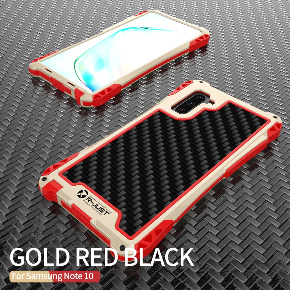 Gold Red Black R-JUST чехол для samsung Galaxy Note 10 Plus S10, Металлический Алюминиевый противоударный чехол из углеродного волокна для samsung Note 10 Plus Coque - Цвет: Gold Red Black