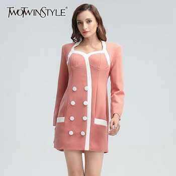 

TWOTWINSTYLE Slim Sexy Dress For Women Square Collar Long Sleeve High Waist Patchwork Hit Color Dresses Female 2020 Fashion New