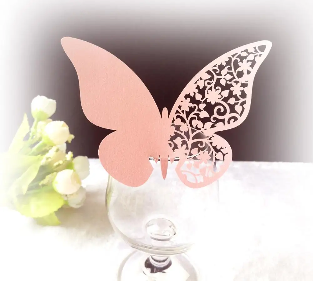 25 шт. бабочка сердце лазерная резка, настольный знак вина стекло Имя Место карты Свадьба День рождения Baby Shower рождественские принадлежности - Цвет: pink