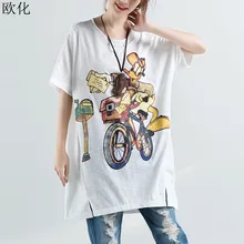 Женская летняя футболка размера плюс с мультяшным принтом, Женская свободная длинная футболка с рукавом летучая мышь, 4XL 5XL 6XL