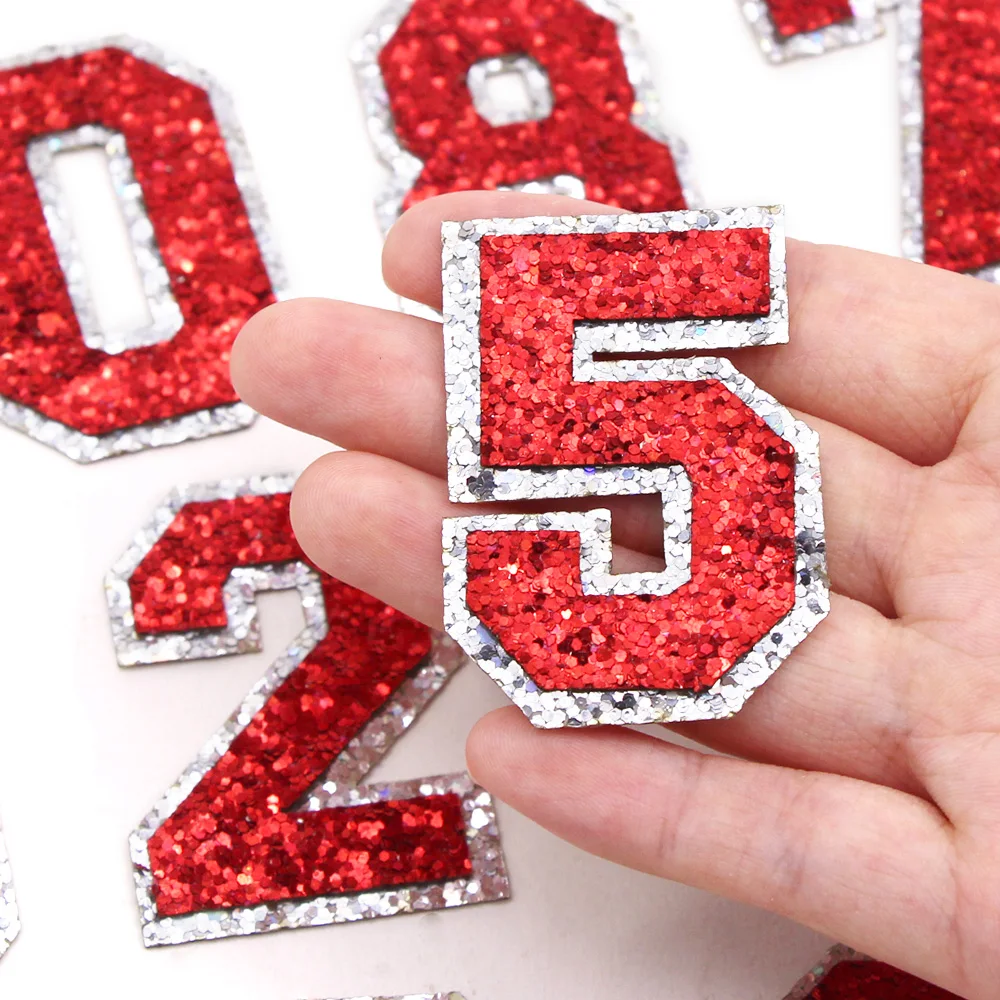 1Pcs 0-9 Sequins Red Number Patches Glitter Figure Patch Iron On