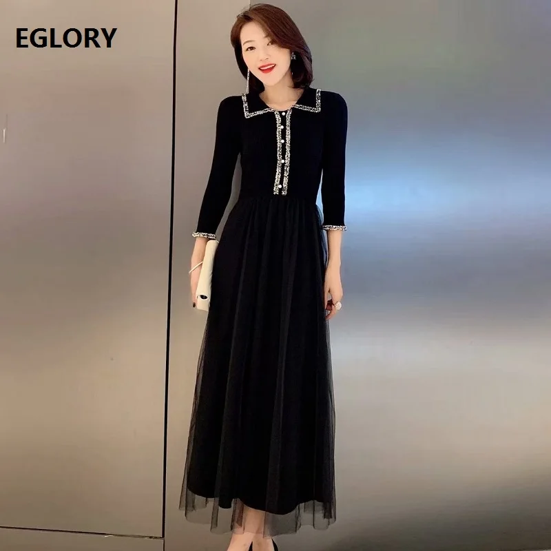 

One Piece Dress 2019 Autumn Style Women Turn-down Collar Sexy Tulle Mesh Patchwork 3/4 Sleeve Ankle Length Black Knitted Dress