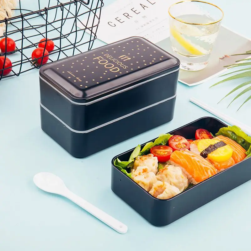 

Double Rectangular Lunch Box Black 2 Layer Bento Boxes Food Storage Container Foodbox For Picnic Students Microwave Dinnerware
