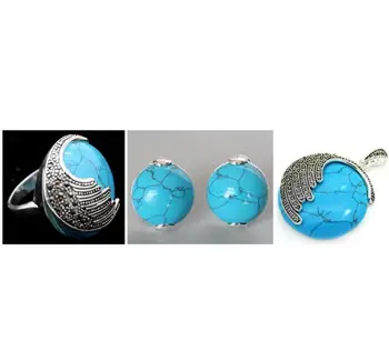 

Free Shipping Vintage Blue jade 925 Sterling Silver Marcasite Ring (#7-10) pendant and earrings sets