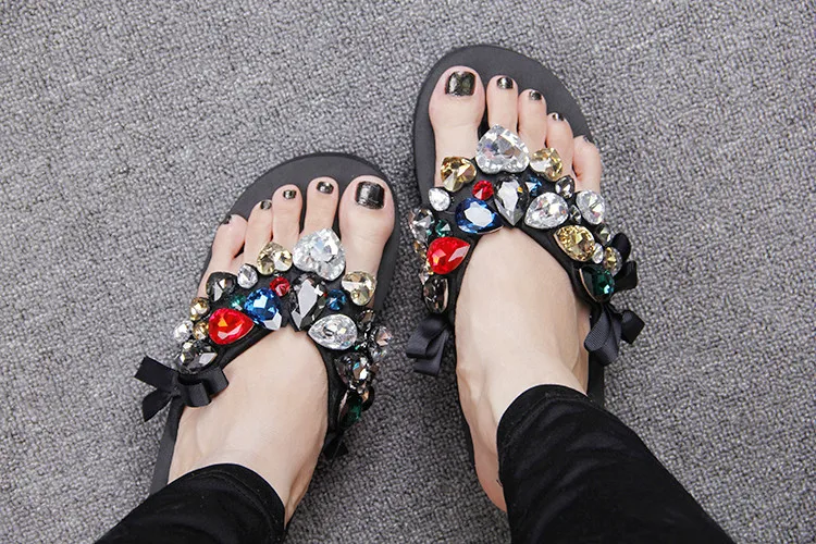 2019 Summer New Luxury Crystal Slippers Bow Womens Cheap Black Platform High Heels Comfortable Flip Flops Shoes Discount45