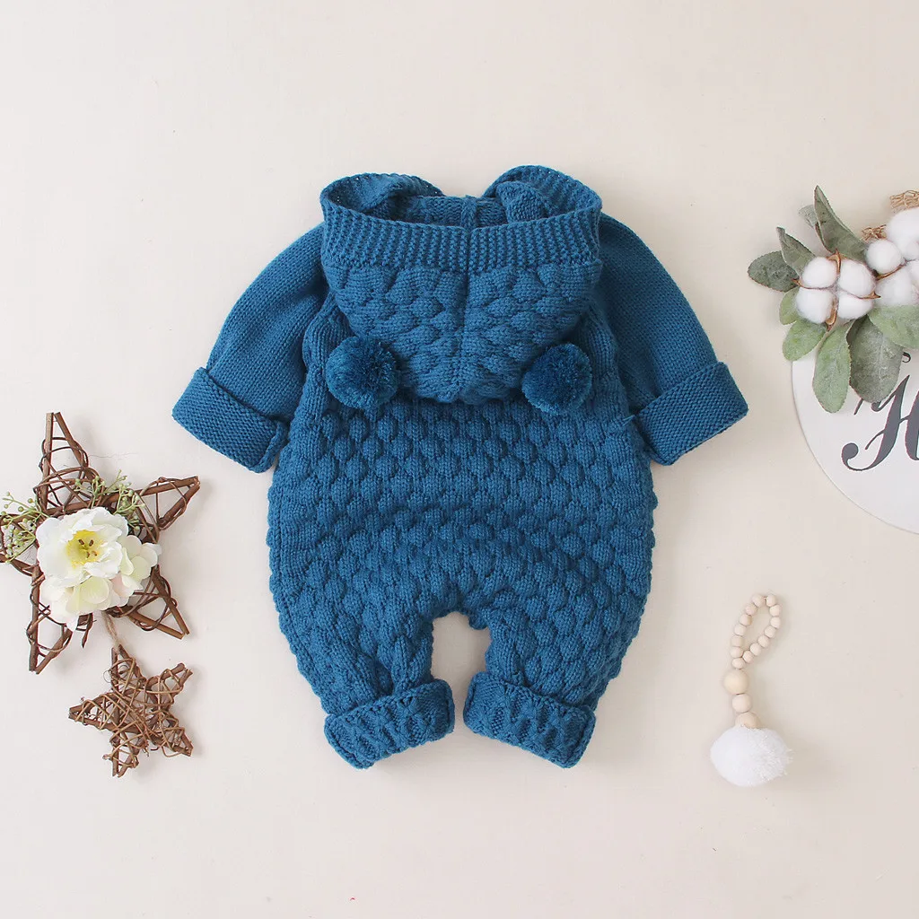 Новая зимняя одежда для малышей, Вязаный комбинезон для младенцев мальчиков девочек, свитер, костюм для новорожденных, теплый комбинезон с капюшоном для малышей