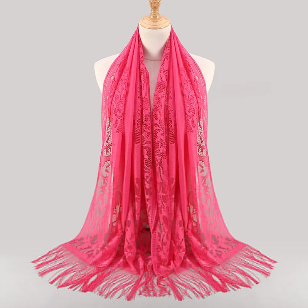 Женские Элегантные Роскошные тонкие шали шелковый атлас для дам мусульманских исламских кисточкой Кружева полые длинные хиджаб шарф платок обёрточная бумага палантин#30 - Цвет: Hot Pink