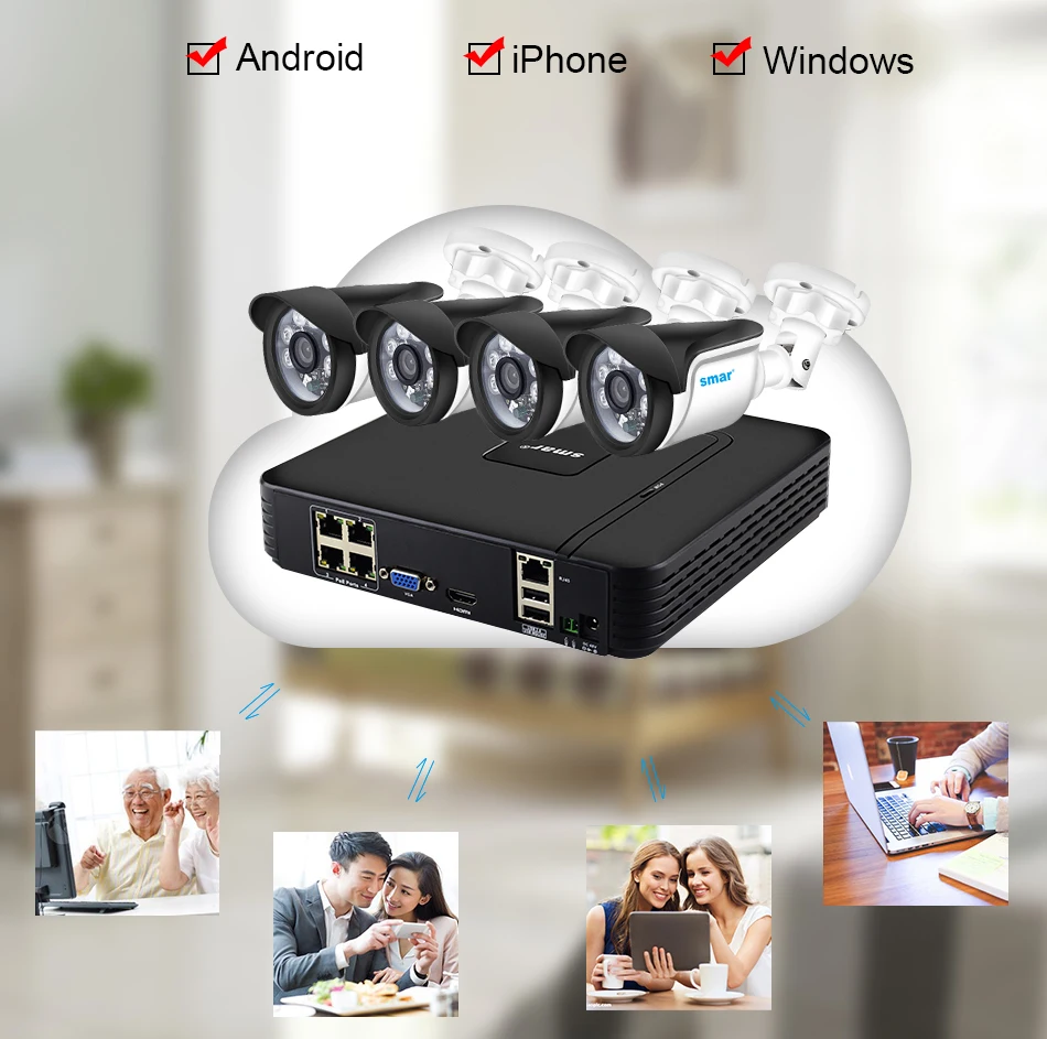 Smar Full HD  4CH 1080P POE 48V NVR CCTV Kit 2PCS4PCS 2MP Outdoor IP Camera Nano IR 4 Channel CCTV System HDMI P2P Email Alarm (12)