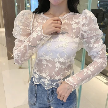 

Women Slim Full Puff Sleeve O-neck Cropped Blouses Shirts Lady Back Zipper Stretchy Crop Tops Blouse GT737 For Girls Spring