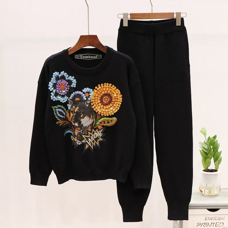 

Autumn women's knitting sweat suit high quality sequins floral sweaters + casual pants two piece set A924