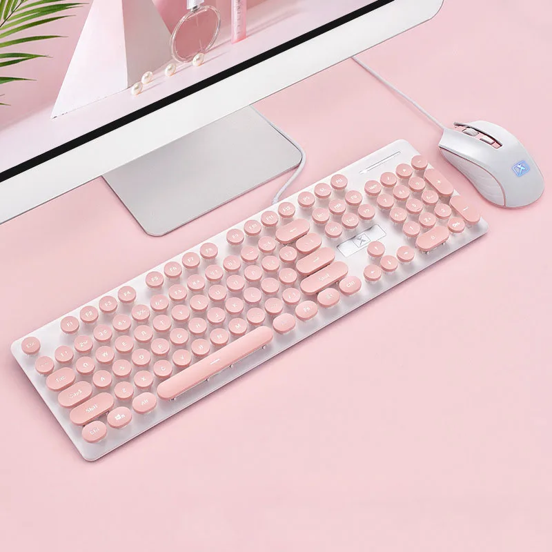 Розовый ретро Проводная игровая клавиатура и мышь комплект круглый Keycap стимпанк клавиатура мультимедийная Кнопка 1800 dpi Мышь для ПК ноутбука