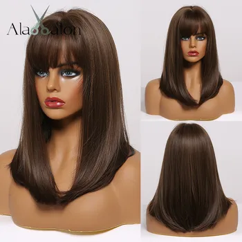 

ALAN EATON Medium Bob Straight Hair Wig with Bangs Black Brown Synthetic Wigs with Highlights for Women African American Cosplay